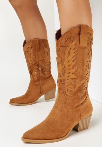 Brązowe Kozaki Kowbojki na Niskim Obcasie ze Zdobieniem na Wysokiej Cholewce Aymiah