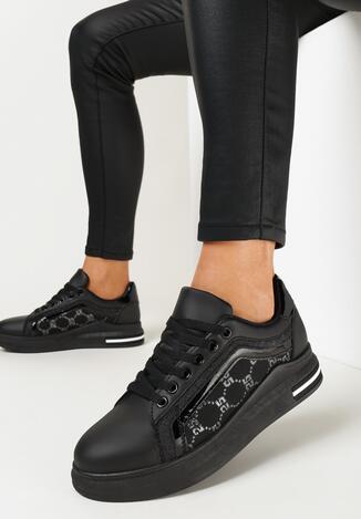 Czarne Sneakersy na Grubej Podeszwie z Brokatowym Zdobieniem Heiren