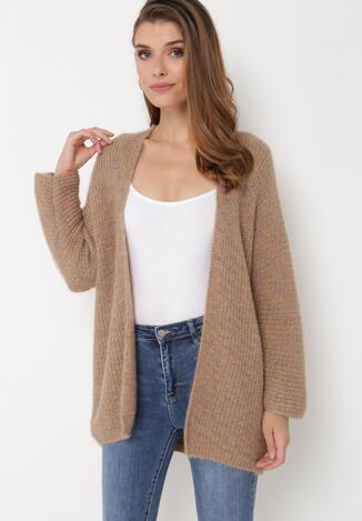 Ciemnobeżowy Niezapinany Kardigan z Prążkowanej Dzianiny Jeniyah
