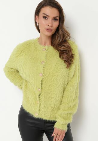 Zielony Dzianinowy Sweter Kardigan z Długim Włosem na Guziki Piolusa
