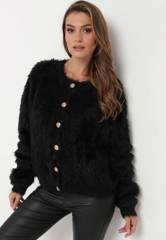 Czarny Dzianinowy Sweter Kardigan z Długim Włosem na Guziki Piolusa