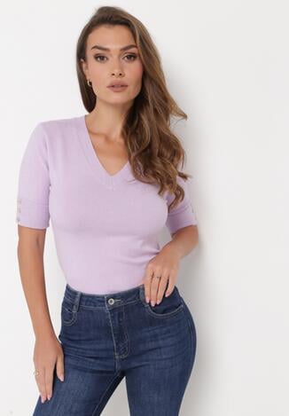 Fioletowa Dzianinowa Bluzka z Trójkątnym Dekoltem Zibese
