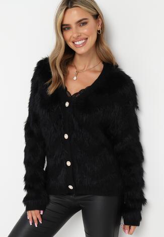 Czarny Puchaty Kardigan Zapinany na Guziki Tyweza