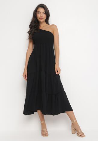 Czarna Maxi Sukienka Asymetryczna o Rozkloszowanym Kroju na Jedno Ramię Byrecl