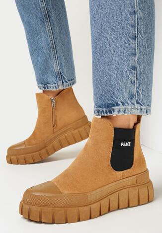 Brązowe Botki Sztyblety na Platformie z Ozdobnym Napisem Melseo