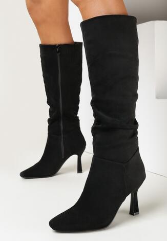 Czarne Kozaki na Szpilce z Marszczoną Cholewką Rorezena