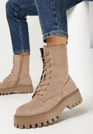 Ciemnobeżowe Botki Workery na Grubej Podeszwie Senai