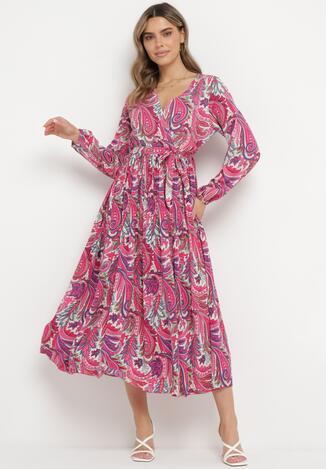 Ciemnoróżowa Plisowana Sukienka z Gumką w Pasie i Wzorem Paisley Carella