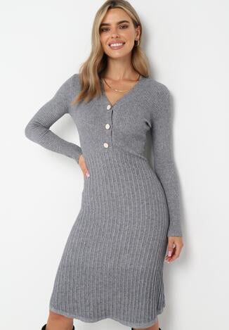 Szara Dzianinowa Sukienka Midi z Rozkloszowanym Dołem Kiuna