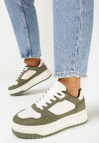 Biało-Zielone Sneakersy na Platformie z Perforacją Wansa