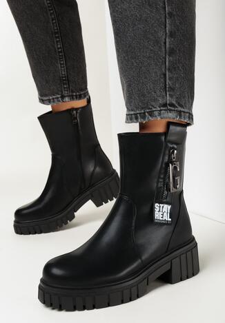 Czarne Botki na Płaskiej Grubej Podeszwie z Wycięciami i Ozdobnym Suwakiem Nevond