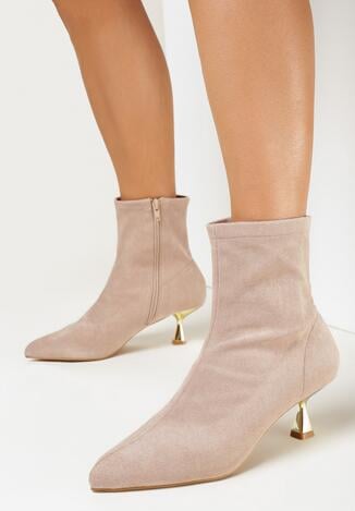 Ciemnobeżowe Botki ze Szpiczastym Noskiem z Imitacji Zamszu Enedie