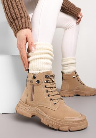 Ciemnobeżowe Botki Traperki na Grubej Podeszwie Beanika