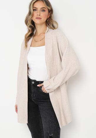 Beżowy Niezapinany Kardigan z Gładkiej Dzianiny i z Długim Rękawem Dacaiza
