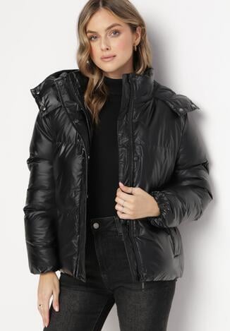 Czarna Kurtka Pikowana z Kapturem i Ściągaczem Harco