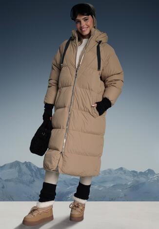 Ciemnobeżowa Długa Kurtka Pikowana Płaszcz na Zamek z Kapturem Lesea