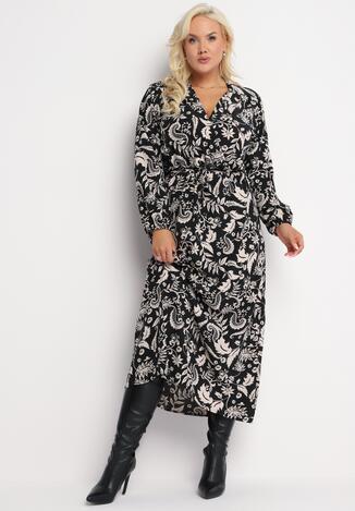 Czarna Sukienka Maxi o Rozkloszowanym Fasonie w Modny Print Renni