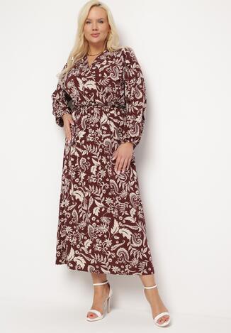 Brązowa Sukienka Maxi o Rozkloszowanym Fasonie w Modny Print Renni
