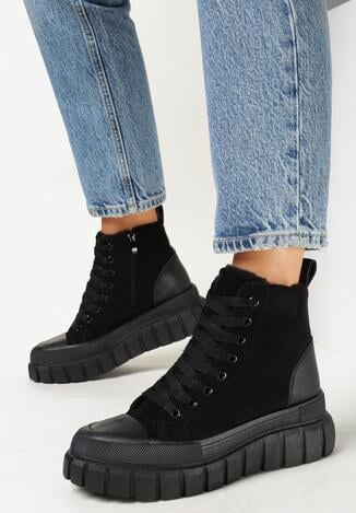 Czarne Sznurowane Botki na Platformie Novita