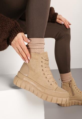 Beżowe Sznurowane Botki na Platformie Novit