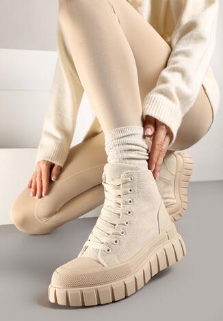 Beżowe Sznurowane Botki na Platformie Novita