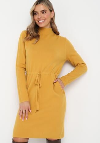 Żółta Pudełkowa Sukienka Sweterkowa ze Ściągaczem Elenames