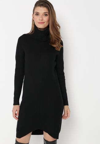 Czarna Sweterkowa Sukienka z Golfem i Asymetrycznym Dołem Elisane