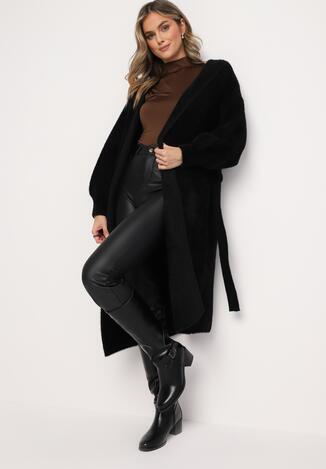 Czarny Puchaty Płaszcz Wiązany w Pasie z Kapturem i Kieszeniami Natim