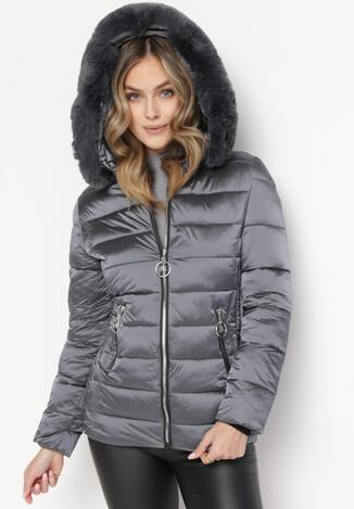 Ciemnoniebieska Pikowana Kurtka z Kapturem i Sztucznym Futerkiem oraz Kieszeniami Laris