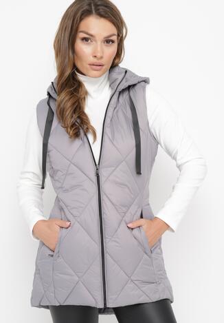 Szara Pikowana Długa Kamizelka z Kapturem i Asymetrycznym Dołem Cekiaf