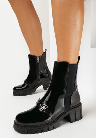 Czarne Lakierowane Botki na Niewysokim Słupku z Cholewką za Kostkę Semikas