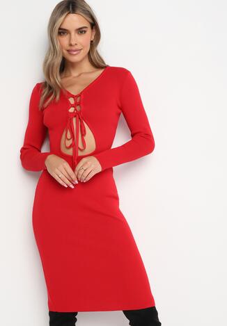 Czerwona Dzianinowa Sukienka Midi z Wycięciem i Wiązaniem Filila