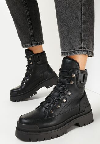 Czarne Traperki na Grubej Podeszwie z Wiązaniem Helara