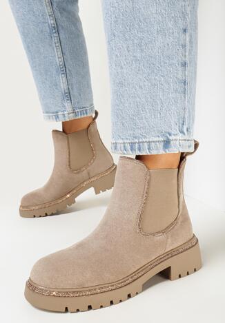 Ciemnobeżowe Botki Sztyblety z Cyrkoniami Sefia