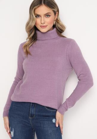 Fioletowy Gładki Sweter Golf o Dopasowanym Kroju z Błyszczącą Nitką Sillas