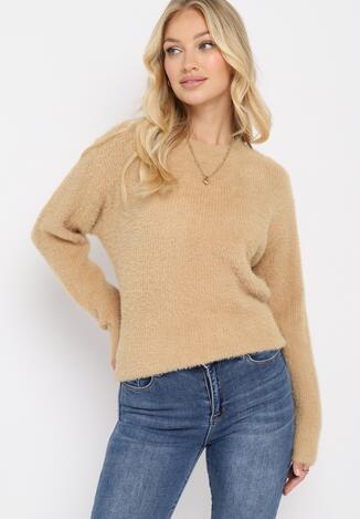 Brązowy Klasyczny Sweter z Puchatego Materiału Oversize Miarra