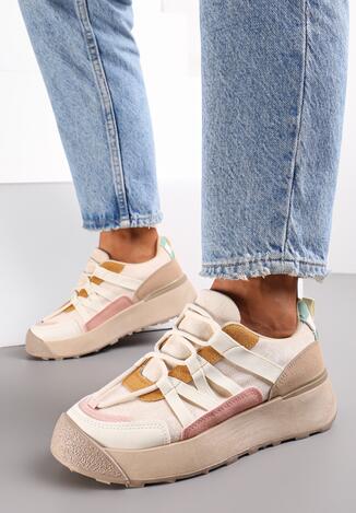 Beżowe Sneakersy na Płaskiej Grubej Podeszwie z Imitacji Zamszu Ozdobione Wstawkami z Ekoskóry Mariatta