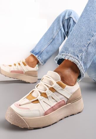 Beżowe Sneakersy na Płaskiej Grubej Podeszwie z Imitacji Zamszu Ozdobione Wstawkami z Ekoskóry Mariatta