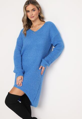 Niebieska Luźna Sukienka Sweterkowa Vaelia