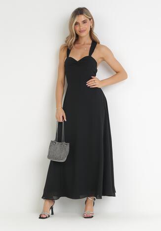 Czarna Sukienka Maxi z Ozdobnym Wiązaniem na Plecach Bremte