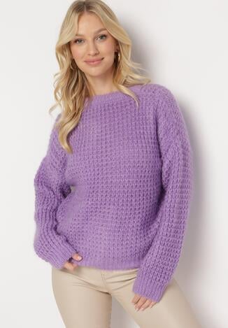 Fioletowy Dzianinowy Sweter z Warkoczykowym Splotem Akina