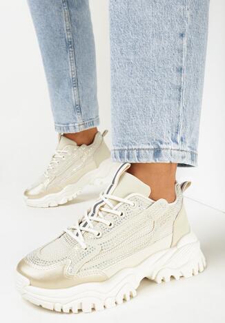 Beżowe Sneakersy na Grubej Podeszwie w Cyrkonie Incolea