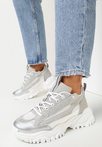 Srebrne Sneakersy na Grubej Podeszwie w Cyrkonie Incolea