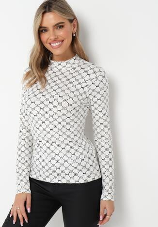 Biała Bawełniana Bluzka z Długim Rękawem i Półgolfem w Modny Print Selinora