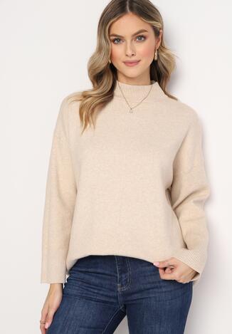 Beżowy Luźny Golf ze Sweterkowej Dzianiny ze Ściągaczami Korrsa