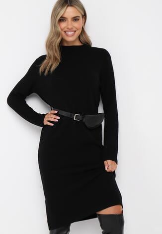 Czarna Sweterkowa Sukienka Midi z Długim Rękawem i Paskiem z Klamrą Worella