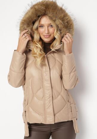 Beżowa Kurtka z Geometrycznym Pikowaniem i Kapturem Fenula