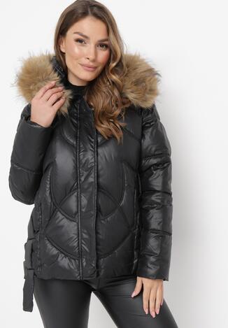 Czarna Kurtka z Geometrycznym Pikowaniem i Kapturem Fenula