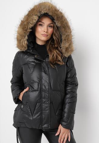 Czarna Pikowana Kurtka Ze Sznurkami Po Bokach i Kapturem Lufana