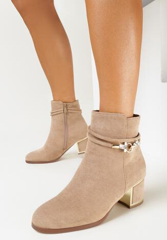 Ciemnobeżowe Botki na Słupku z Metaliczną Wstawką Reliko